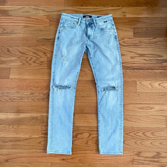 Mavi Jake Slim Leg Jeans Mens W29 x L31 Blue Light Wash Distressed Classic Basic - Picture 1 of 8